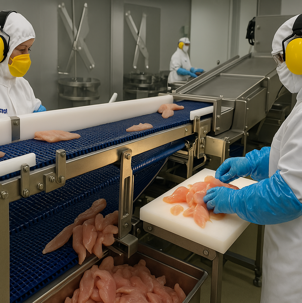 Poultry processing facility — graded product on export line